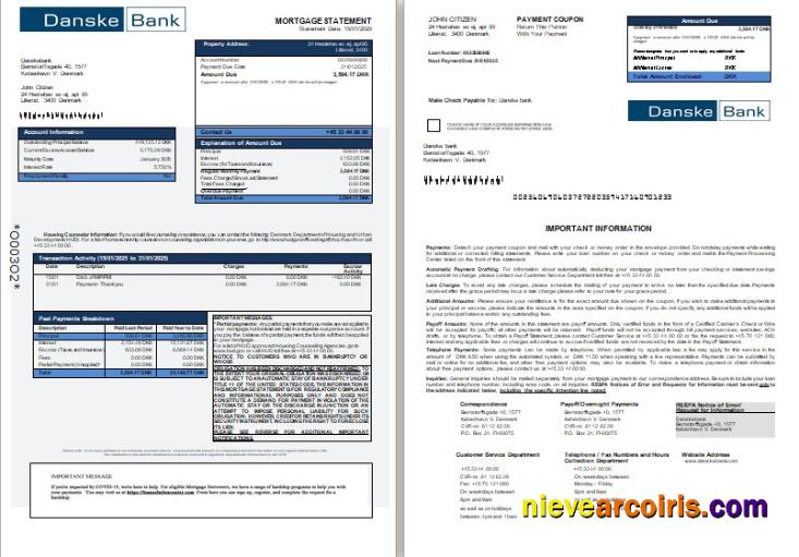 Denmark Danskebank bank mortgage statement, 3 pages, 1-2